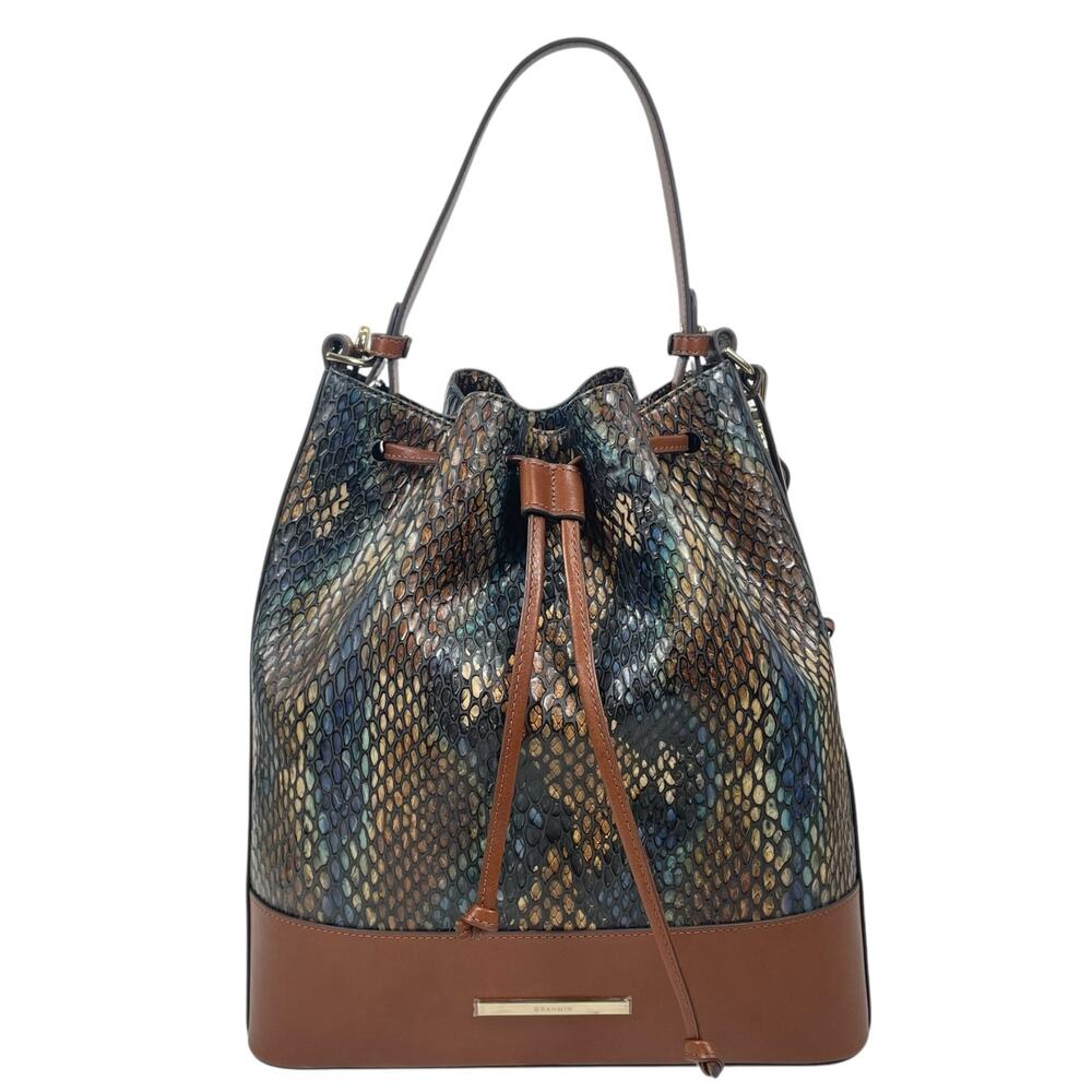 Brahmin Marlowe Embossed Leather Bucket Bag Bottle Blue Fletcher - Picture 3 of 13